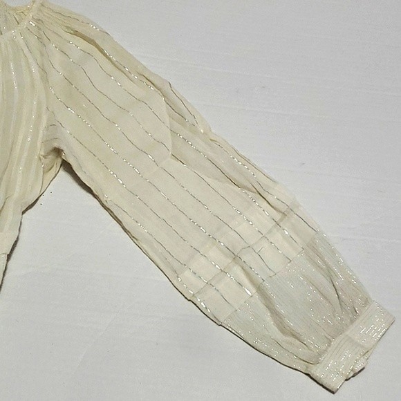 Rebecca Taylor Boho Cream Gauzy Pleated Balloon Sleeves Flowy Peasant Top 6 - Picture 10 of 14